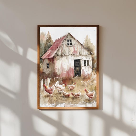 Country Farmhouse Chicken Painting – Rustic Coop Wall Art – Farm Animal Print for Kitchen or Country Home Decor