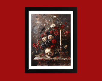 Gothic Skull & Black Roses Oil Painting Art Print: Macabre Home Decor