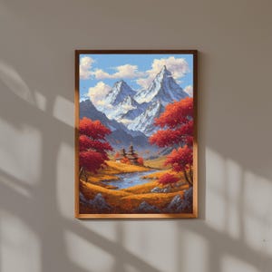 Herbst Berglandschaft Wandkunst - Ölgemälde Druck Verschneiter Berg - Rote Bäume & Flusstal Szene - Bunte Natur Wohnkultur