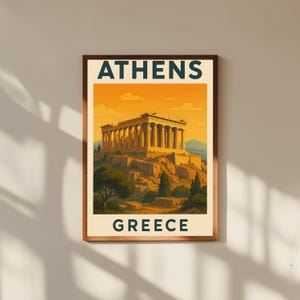 Athens Greece Vintage Travel Poster – Acropolis Wall Art – Retro European City Print for Home or Office Decor