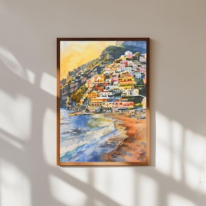 Positano Italy Watercolor Art Print, Amalfi Coast Beach Painting, Coastal Mediterranean Wall Decor