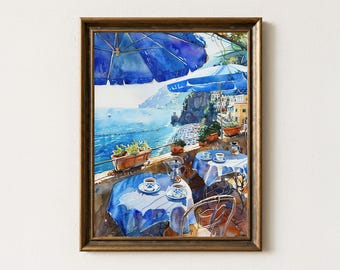 Positano Cafe Watercolor Print: Amalfi Coast, Italy - Mediterranean Wall Art