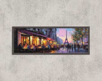 Paris Night Cafe Print: Neon Eiffel Tower, Romantic Street Scene