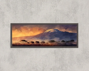 Kilimanjaro Sunset Watercolor Painting: African Safari Elephant Art Print