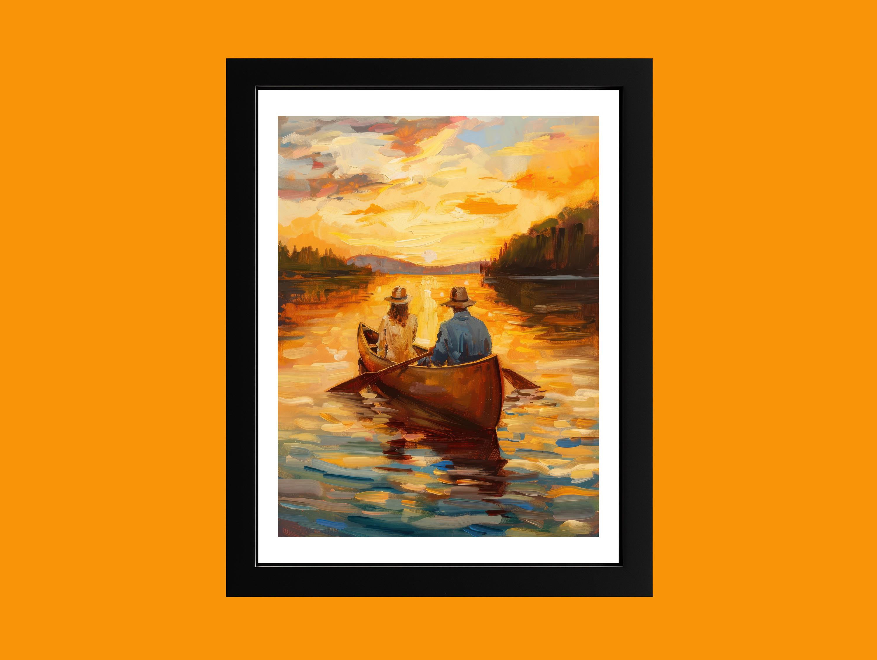 1930s Canoe Couple Oil Painting Print, Vintage Lake Sunset Wall Art, Romantic Summer Poster, Nostalgic Nature Decor, Golden Hour Scene