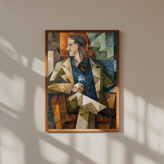 Juan Gris Inspired Cubist Print – L’Homme Assis au Verre Style Fine Art – Modern Cubism Wall Decor – Seated Man Abstract Poster
