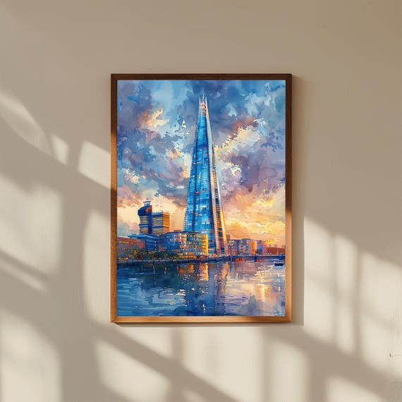 Watercolor Painting of The Shard London | Modern Skyscraper Wall Art Print | UK Architecture Cityscape Travel Poster