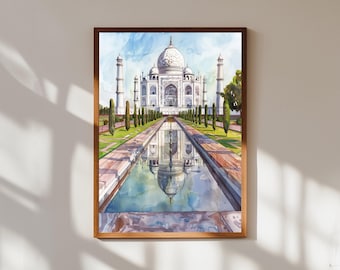 4 インドの風景画、タージ・マハルの絵画、水彩画、インドの