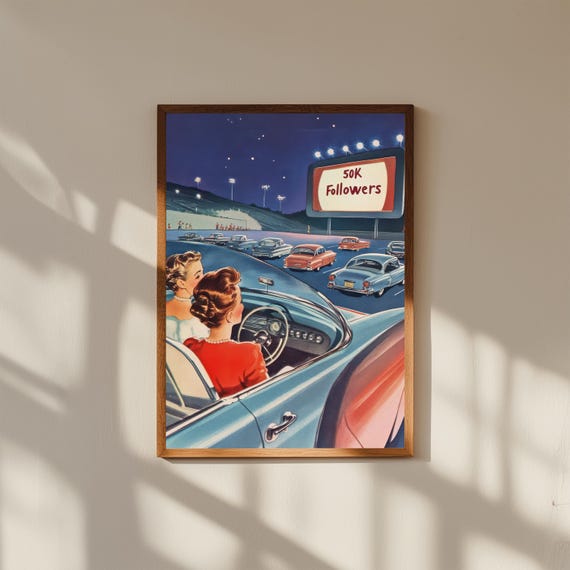 1950s Drive-In Movie Illustration – Retro Couple in Car Wall Art – Vintage Children's Book Style Print – Mid-Century Americana Decor