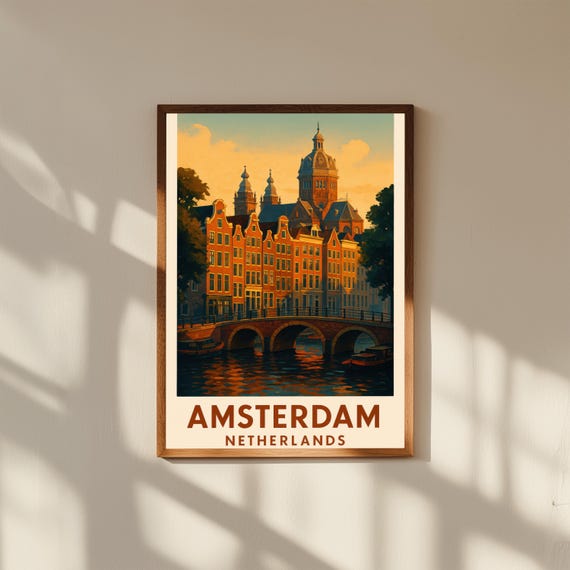 Amsterdam Netherlands Vintage Travel Poster – Canal Houses & Bicycles Wall Art – Retro Dutch City Print for Home Decor