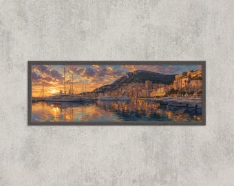 Stampa artistica di Monte Carlo Monaco: panorama ultra realistico del porto al tramonto con acquerello