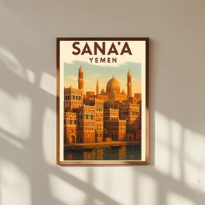 Impresión de póster de viaje vintage de Saná, Yemen: arte mural retro con arquitectura de la ciudad antigua y montañas, decoración de herencia árabe para el hogar.