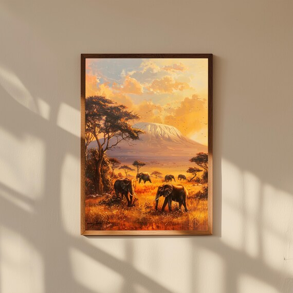 Mount Kilimanjaro Oil Painting – Golden African Plains Landscape Print – Safari Fine Art Poster – Warm Nature Wall Decor