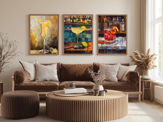 Cocktail Wall Art Set of 3 – Modern Bar Drink Prints – Margarita, Champagne & Negroni Home Decor