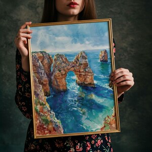 Lagos Portugal Watercolor Print: Coastal Cliff Algarve Seascape image 4