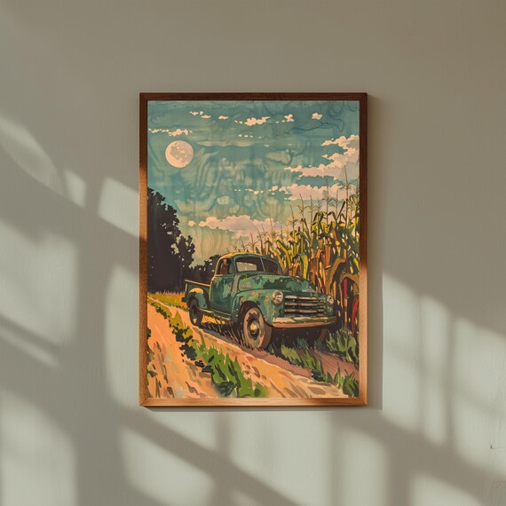 Green Pickup Truck Art – Mid-Century Gouache-Style Print, Vintage Farm Scene Beside Corn Stalks, Rustic Americana Wall Decor Poster