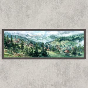 Watercolor Alpine Village Print: Cozy European Mountain Landscape