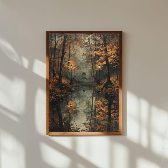 Surreal Mirrored Forest Oil Painting – Symmetrical Trees and Path, Dreamlike Landscape Wall Art, Nature Surrealism Fine Art Print