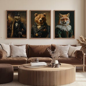 Set di 3 ritratti di animali vittoriani, decorazione murale con volpe, orso e lucertola, decorazioni fantasy stravaganti, stampe di personaggi steampunk, set da galleria massimalista