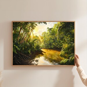Decorazione murale con foresta pluviale tropicale, alba sul fiume nella giungla, natura nell'ora d'oro, decorazione con paesaggio verde lussureggiante, arte botanica boho, con o senza cornice