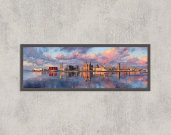 Impresión en acuarela del horizonte de Liverpool: panorama del atardecer, arte frente al mar