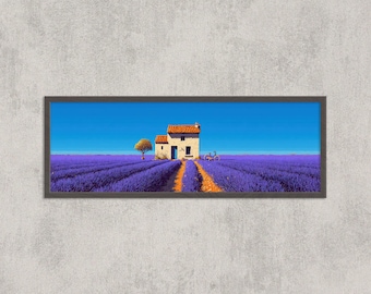 Lámina artística provenzal de un campo de lavanda: paisaje minimalista de una granja