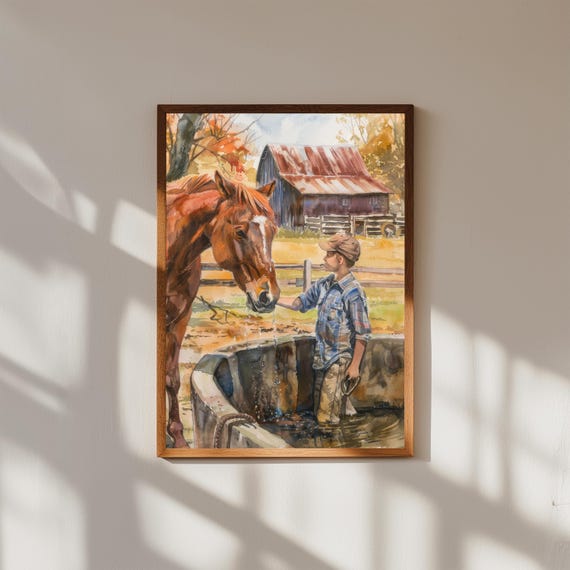 Midwestern Farm Watercolor – Boy Petting Chestnut Horse by Water Trough, Rustic Country Wall Art, Heartwarming Rural Scene Print