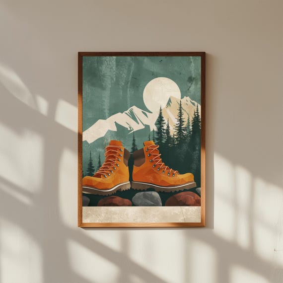 Retro Hiking Boots Wall Art with Mountain Silhouette | Vintage Outdoor Adventure Print | Rustic Cabin Decor | Hiker Gift Poster