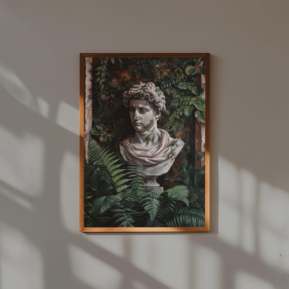 Dark Academia Fine Art Print – Marble Bust with Lush Ferns – Classical Botanical Wall Art for Study or Library Decor
