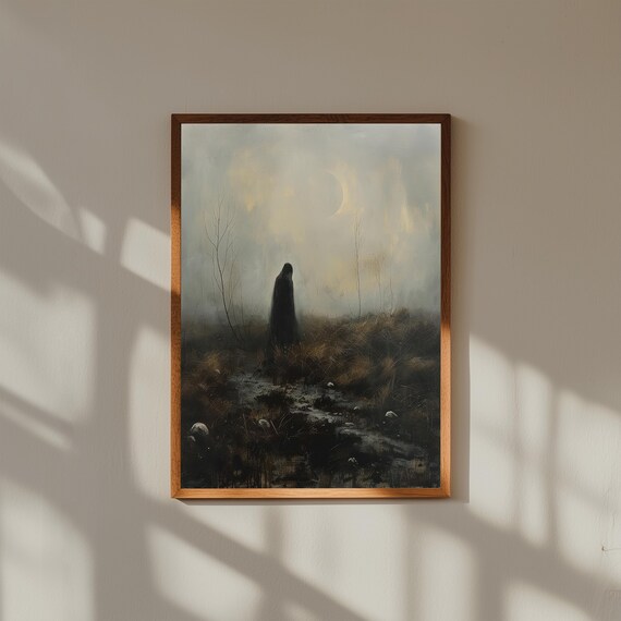 Ghost on Foggy Moor Under Crescent Moon – Gothic Landscape Art Print, Dark Academia Decor, Haunted Night Wall Art, Spooky Poster