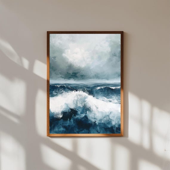 Stormy Sea Coastal Wall Art | Moody Ocean Beach Painting | Dramatic Seascape Print | Dark Blue Wave Art | Nature-Inspired Decor