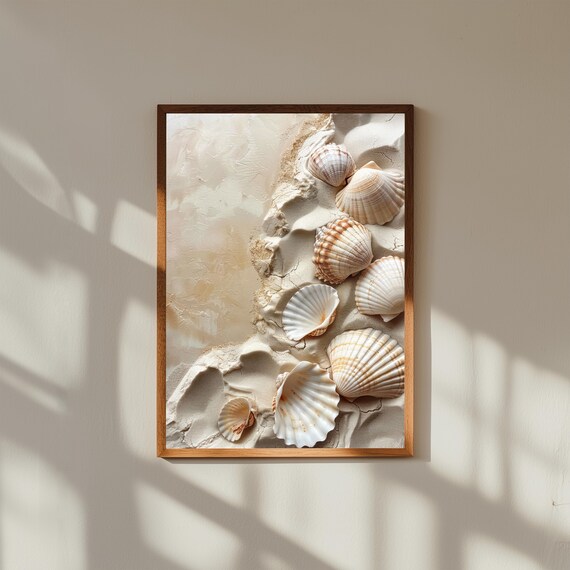 Seashells on Sand Wall Art | Coastal Beach Painting | Shell Arrangement Print | Ocean Nature Decor | Neutral Seascape Artwork