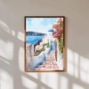 Santorini Greece Watercolor Wall Art Print, Oia Blue Dome Painting, Greek Island Coastal Poster, Mediterranean Wall Decor