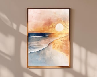 Coastal Sunset Beach Painting – Ocean Sunset Wall Art Print, Golden Hour Seascape, Beach House Decor, Serene Coastal Landscape