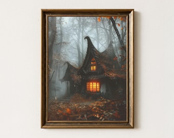 Cozy Witch Cottage Art Print: Foggy Autumn Forest, Dark Fairytale