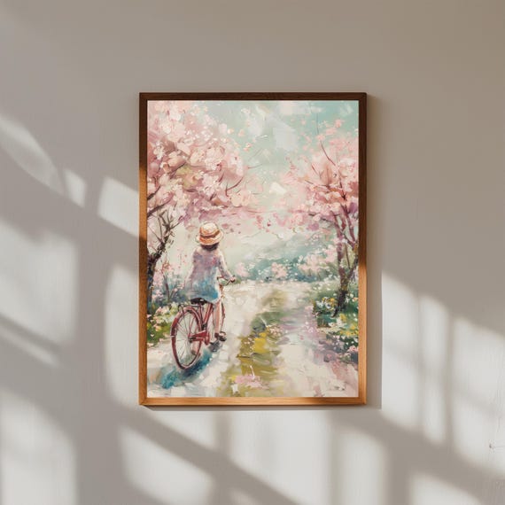Vintage Woman on Bicycle Art Print | Blooming Tree Country Lane Painting | Spring Fashion Wall Art | 1920s Cloche Hat Decor