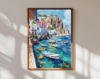 Capri Italy Watercolor Print: Mediterranean Coastal Art