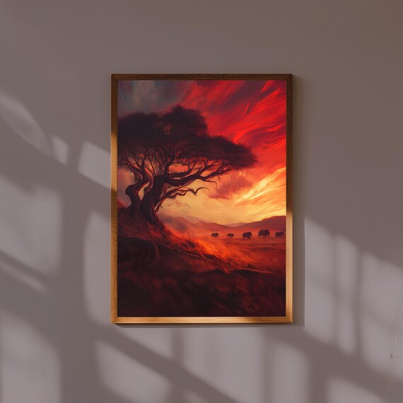 African Savannah Sunset Wall Art – Red Sky Landscape Print – Safari Nature Poster – Wildlife Decor – Breathtaking Africa Artwork Print