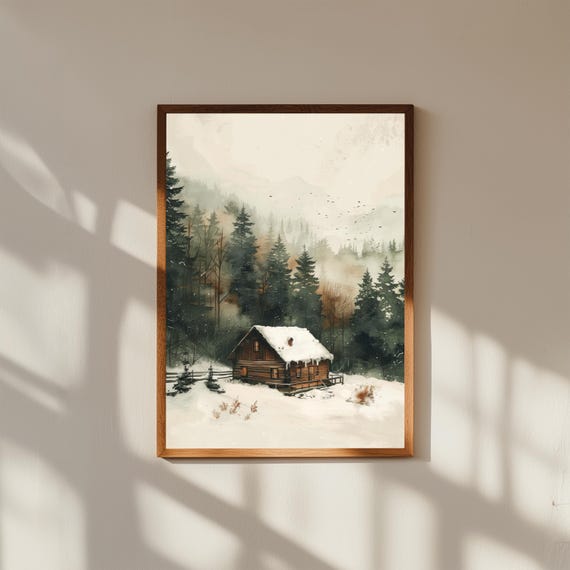Cozy Cabin in Snowy Pine Forest – Winter Woodland Poster Art, Rustic Christmas Cabin Wall Decor, Snowy Forest Landscape Print