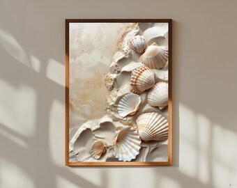 Seashells on Sand Wall Art | Coastal Beach Painting | Shell Arrangement Print | Ocean Nature Decor | Neutral Seascape Artwork