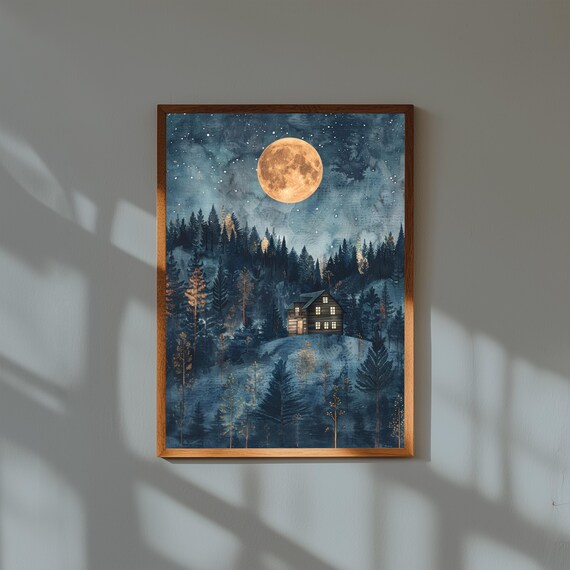 Cozy Forest Cabin Under Full Moon – Nighttime Nature Poster, Moonlit Cabin Wall Art, Rustic Landscape Print, Woodland Night Decor
