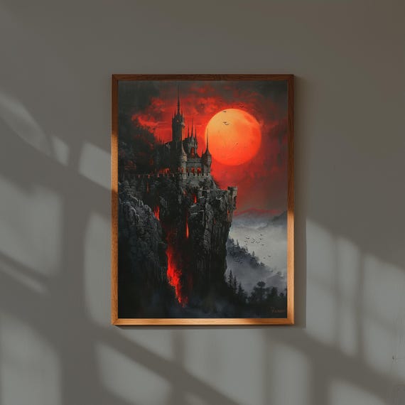 Gothic Vampire Castle Blood Moon Art | Dark Fantasy Wall Print | Haunted Cliffside Castle Painting | Spooky Halloween Decor