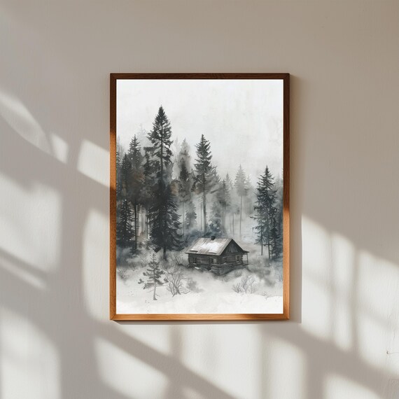 Dreamy Cabin in Misty Pine Forest – Moody Woodland Wall Art, Cozy Cabin Print, Foggy Nature Landscape Poster, Rustic Forest Decor