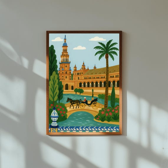 Seville Spain Painting Poster – Colorful City Wall Art Print – Andalusian Architecture Decor for Home or Office