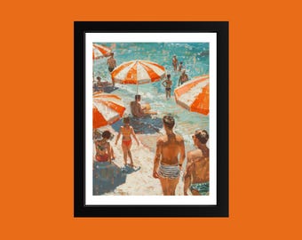 1950s Beach Day Oil Painting Print, Retro Summer Wall Art, Vintage Seaside Poster, Mid-Century Coastal Decor, Nostalgic Beach Scene