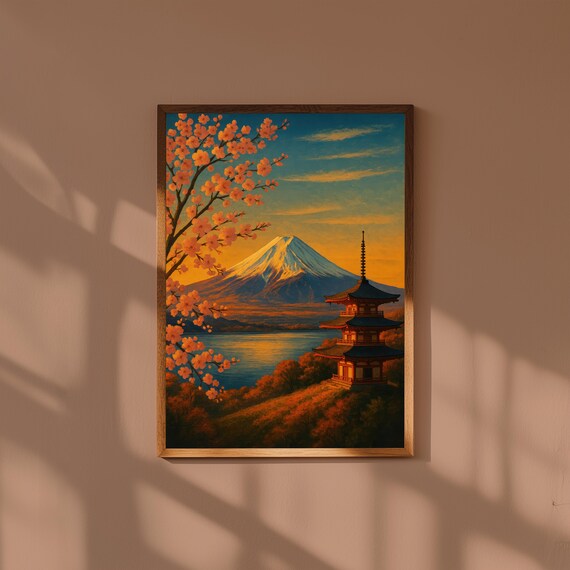 Mount Fuji Japan Painting Poster – Japanese Landscape Wall Art – Minimal Nature Print for Zen Home Decor