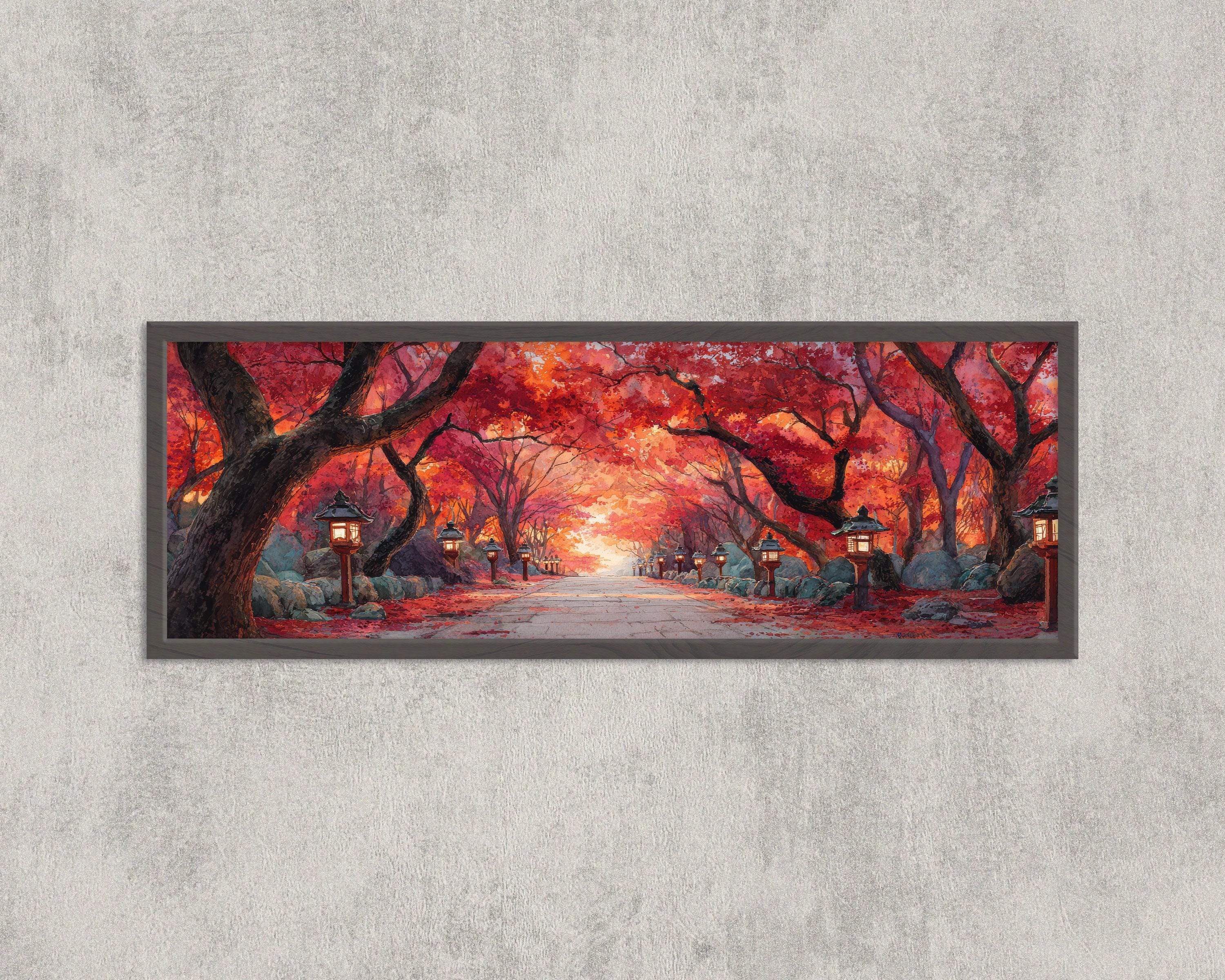 Kyoto Autumn Lantern Path Wall Art | Japanese Maple Tree Painting