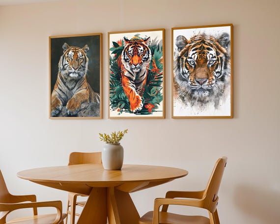 Tiger Art Print Set of 3, Jungle Animal Illustration, Modern Wildlife Decor, Bold Botanical Wall Art, Nature-Inspired Tiger Poster, Wall Art