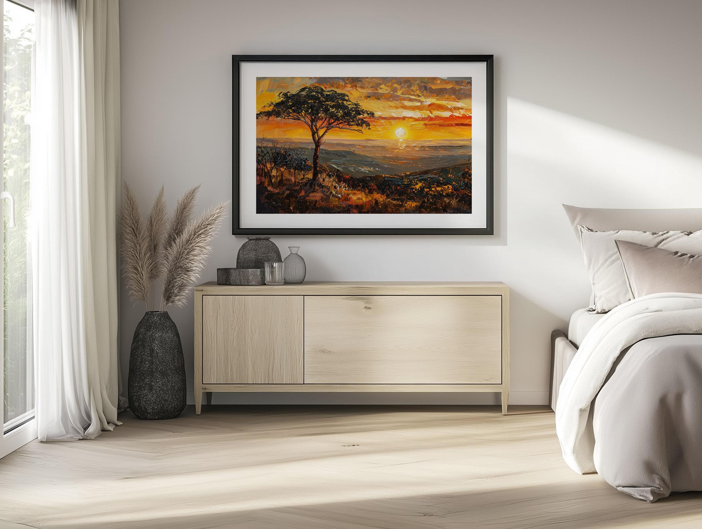 African Savanna Sunset Canvas Art: Acacia Tree Oil Painting Style
