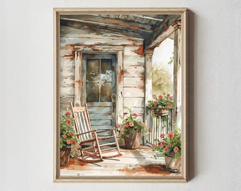 Farmhouse Porch Print: Rocking Chair, Flower Pot - Cozy Country Wall Art